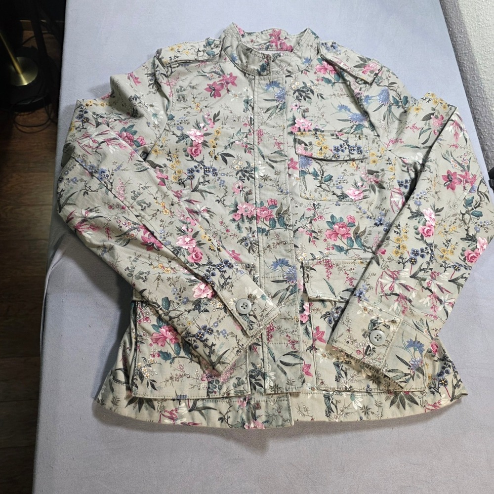 HM Womens Floral Utility Field Jacket Sage Green/Gray Pink Cotton Blend Size 2/4